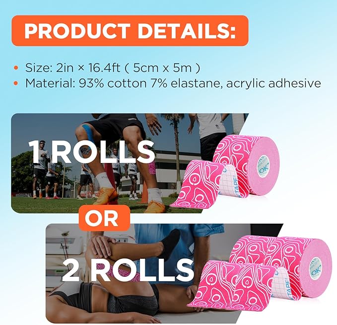 OK TAPE PRO Kinesiology Tape, 2inch x Long Roll 16ft Free Cut Tape, Elastic Athletic Tape Therapeutic Latex Free, 2 Rolls Black+White