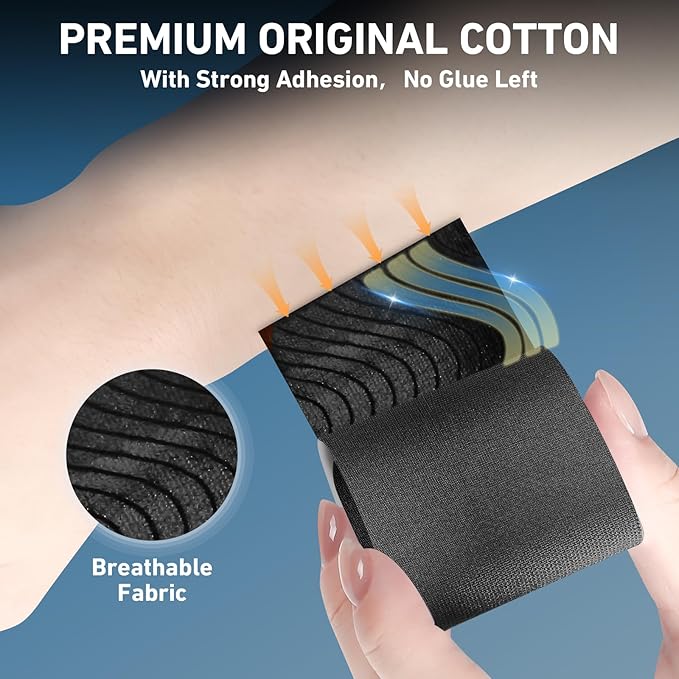 Kinesiology Tape for Knees Pre Cut, 12 PCS Upgrade KTQUICK Knee Tape For Knee Pain Relief Pre Cut, Original Cotton Knee Tape, Flexible & Durable Sports Tape for Support & Comfort During Workouts,Black