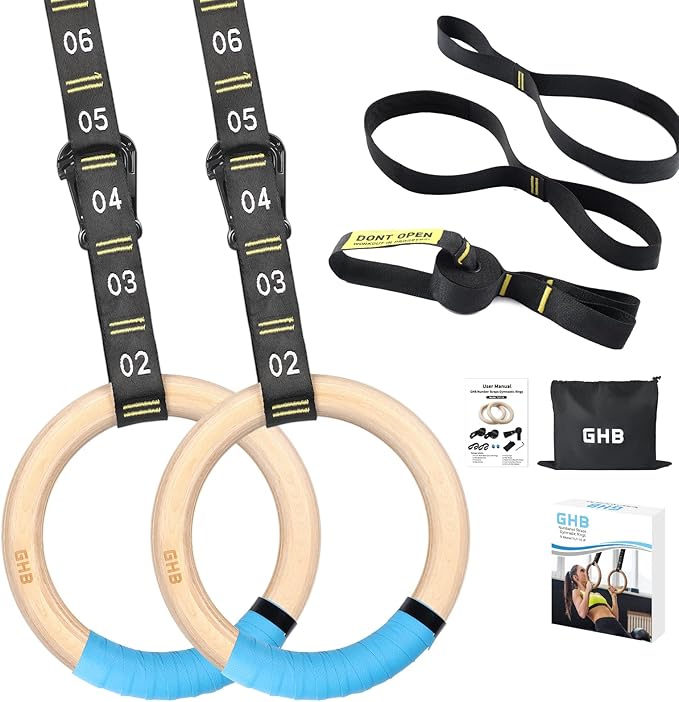 GHB Gymnastic Rings Wooden Gym Rings 1.25'' Training
