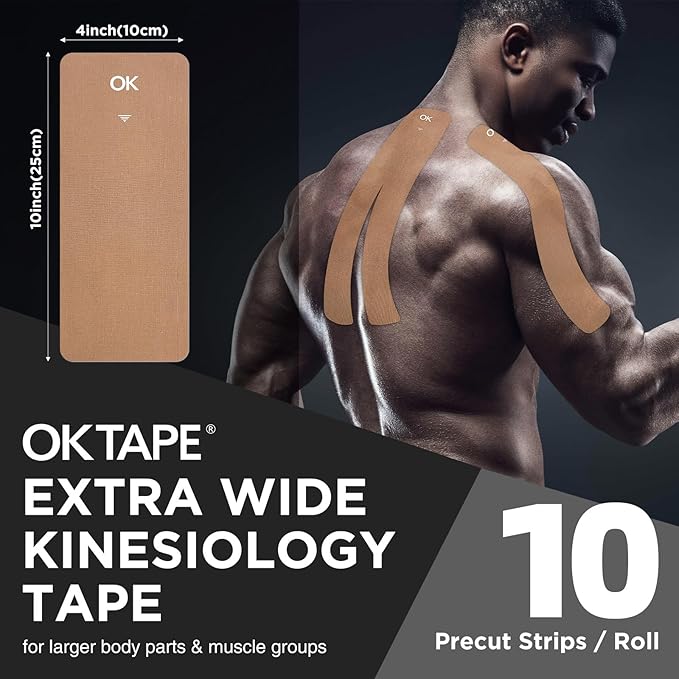 OK TAPE Extra Wide Kinesiology Tape, Precut K Tape Strips, Elastic Physical Therapy Athletic Tape for Pain Relief & Joint Support | Back, Shoulder, Knee (4" x 10" - 10Pcs) Beige