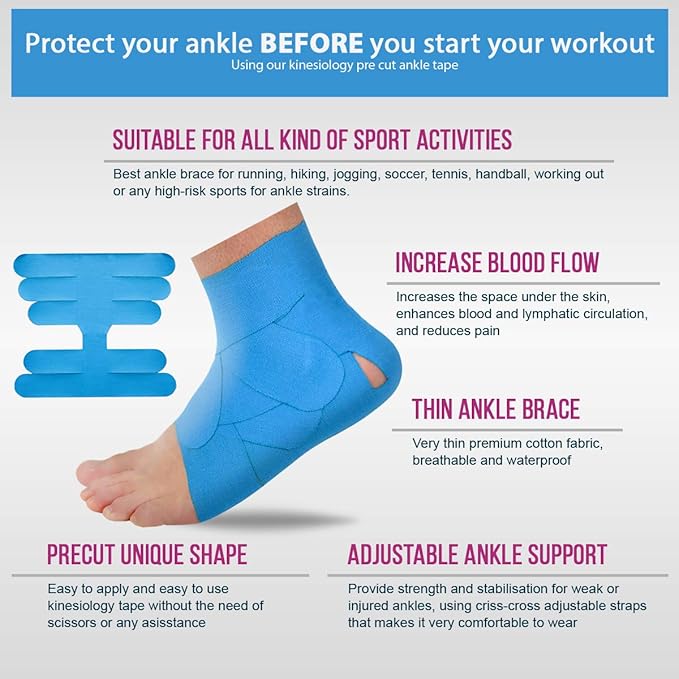 M7 Sport Kinesiology Ankle Tape for Ankle Sprain and Injury Recovery, Pain Relief Therapeutic Tape, Ankle Brace Compression Support, Plantar Fasciitis, Waterproof, Eases Swelling (Pink, 4-Pack)