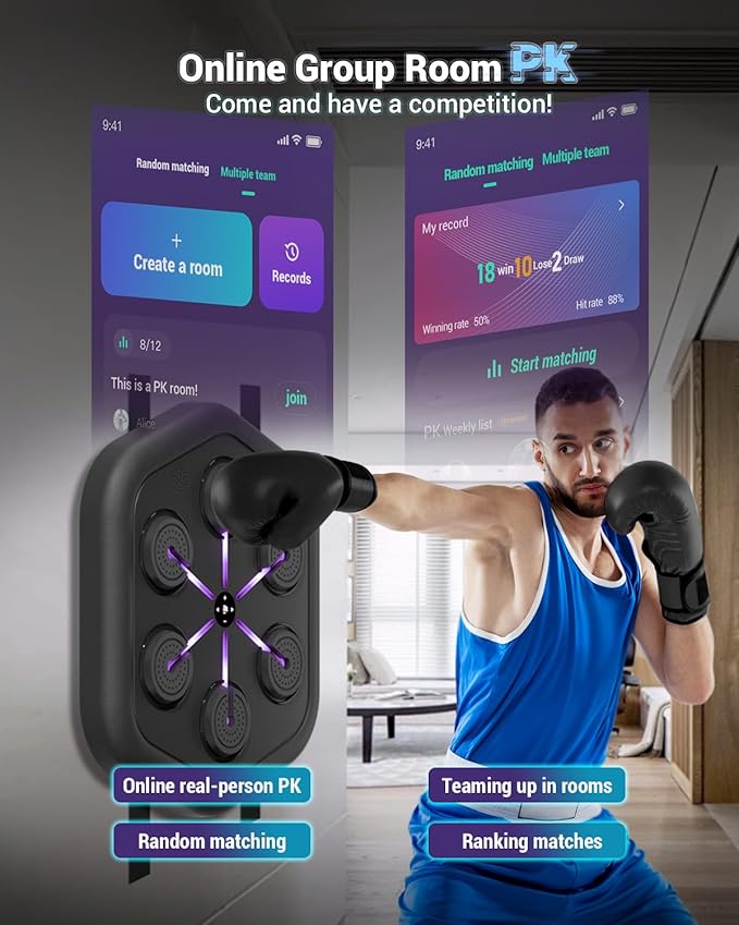 Music Boxing Machine M4, Smart Music Punching Machine with Custom Running Lights, Stereo Sound and APP Control, Wall Mount Boxing Machine for Adults - Home Office Gym Workout Equipment Black