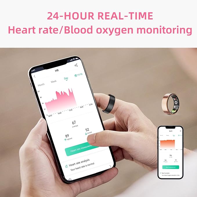 Smart Ring for Men & Women, Smart Ring Health Tracker, Blood Oxygen & Heart Rate Monitor Sleep Ring, Wearable IP68 Waterproof Fitness Monitor, Long Lasting Battery Smart Ring (Black, 13)