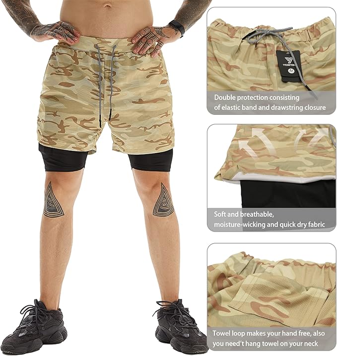 OEBLD Mens Athletic Shorts 2-in-1 Gym Workout Running 7'' Shorts with Towel Loop