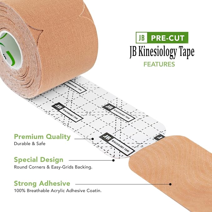 JB Tape Precut Kinesiology Strips 4 Rolls | 80 Count, 10" | Elastic, Latex-Free, Water Resistant | Athletic Sports Tape for Body, Joint & Muscle Support | Blue