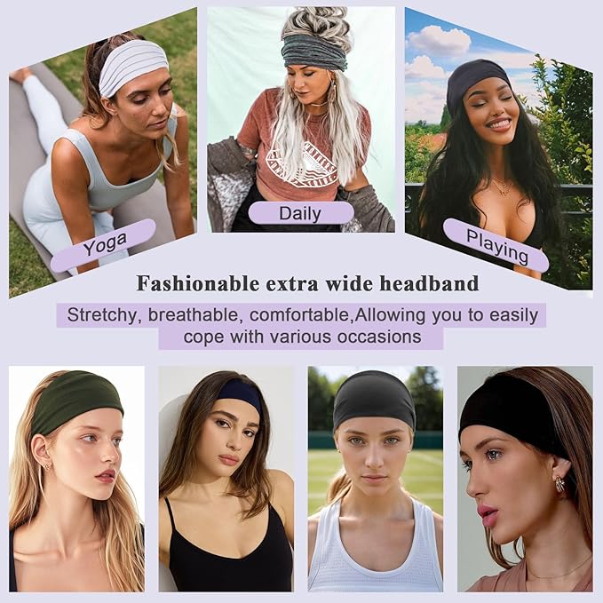 XTREND 6 Packs Wide Headbands for Women Stretch Hair Band Fashion Headband Non-slip Turban Workout Outdoor Yoga Sports Hair Accessories (Black, Dark Gray,Navy Blue, Red, White, Light Gray)