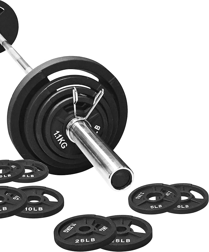 Signature Fitness Cast Iron Olympic 2-Inch Weight Plates Including 7FT Olympic Barbell, 130-Pound, 300-Pound or 325-Pound Set, Multiple Packages