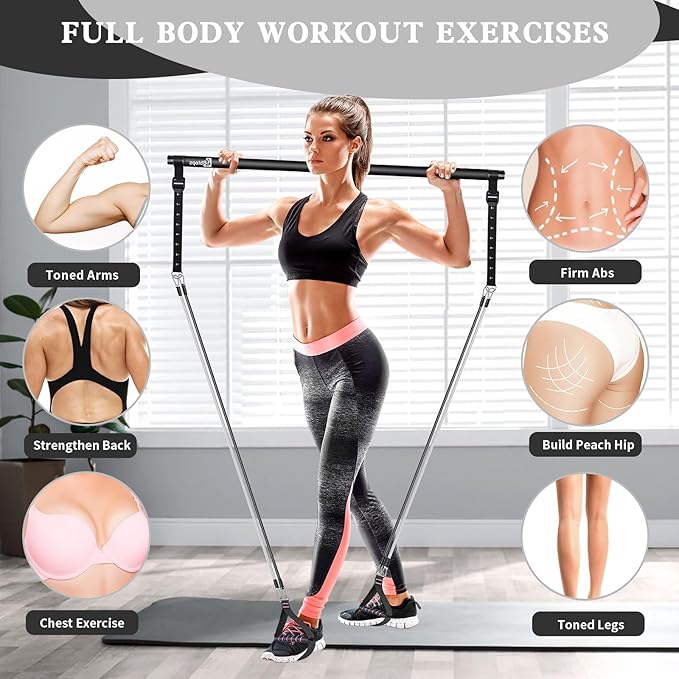 Pilates Bar Kit with Resistance Bands,Pilates Bar with Stackable Bands Workout Equipment for Legs,Hip,Waist and Arm,Exercise Fitness Equipment for Women & Men Home Gym Yoga Pilates