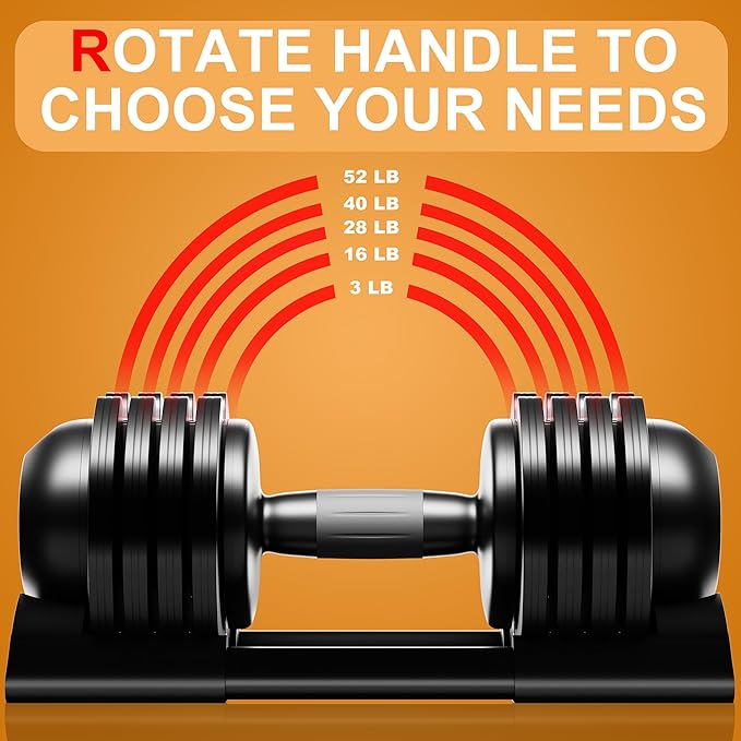 Adjustable Dumbbell,22LBS 44LBS 52LBS Dumbbell Set with Tray for Fitness, Fast Adjust Weight by Turning Anti-Slip Handle, Safety with 8 Lock Slots, Suitable for Men and Women