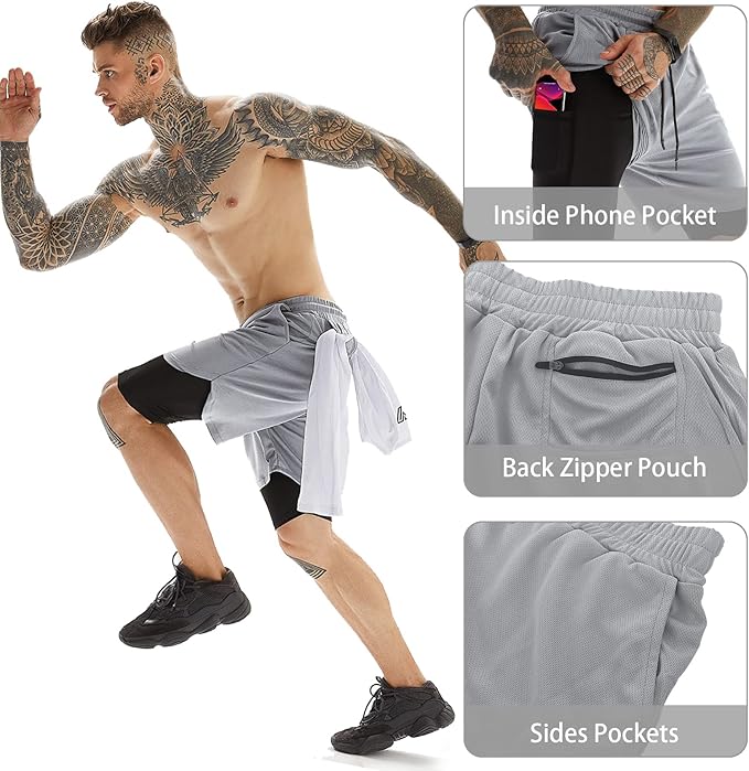 OEBLD Mens Athletic Shorts 2-in-1 Gym Workout Running 7'' Shorts with Towel Loop