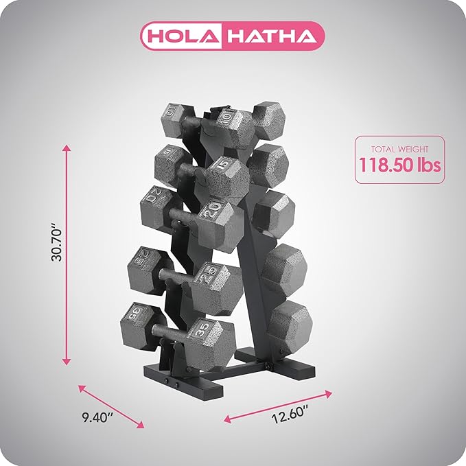 HolaHatha Hexagonal Dumbbell Free Hand Weight Set w/Rack