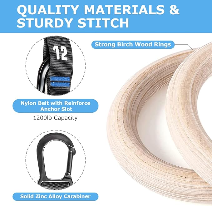 Wooden Gymnastic Rings with Adjustable Numbered Straps. 1.25'' 8.5ft Exercise