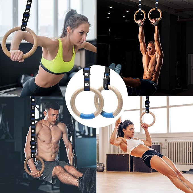 Wooden Gymnastic Rings with Adjustable Numbered Straps. 1.25'' 8.5ft Exercise