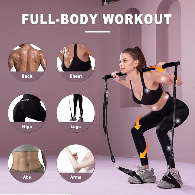 Ultimate Pilates bar kit.Multiple Fitness bar with Resistance Bands, Ab Rollers. Core Strength Training Equipment. Squat Machine for Men and Women. Portable Home Gym