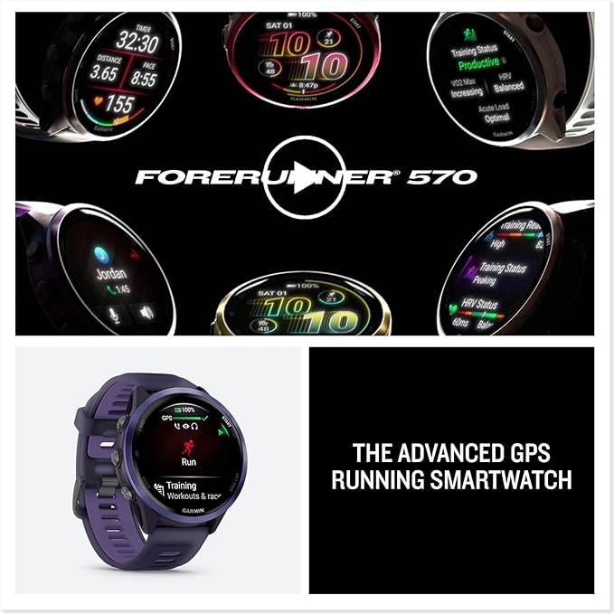Garmin® Forerunner® 570, 47mm, Advanced GPS Running and Triathlon Smartwatch, AMOLED Display, Training and Recovery Features, Indigo Aluminum with Translucent Imperial Purple/Indigo Band