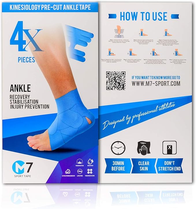 M7 Sport Kinesiology Ankle Tape for Ankle Sprain and Injury Recovery, Pain Relief Therapeutic Tape, Ankle Brace Compression Support, Plantar Fasciitis, Waterproof, Eases Swelling (Pink, 4-Pack)