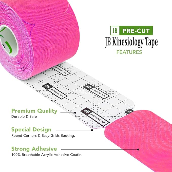 JB Tape, Precut Kinesiology Strips 4 Rolls- (80 Count, 10") Elastic, Latex-Free, Water Resistant, Athletic Sports Tape for Body, Joint & Muscle Support. (Pink)