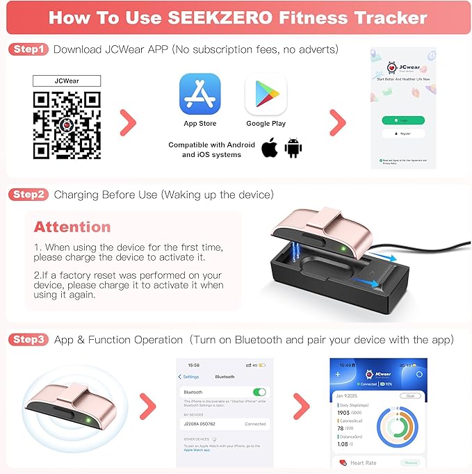 Sleep & Fitness Tracker for Women Men | 24/7 Heart Rate, Blood Oxygen & Stress Monitor | Step & Calorie Counter | IP68 Waterproof Activity Tracker, (No App Subscription) (Pink)