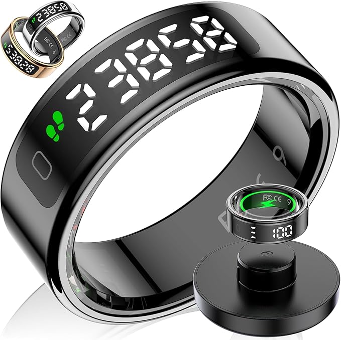 Smart Ring with LED Display Screen, Fitness Tracker Smart Rings for Women Men, Health Ring for iOS & Android, Sleep Tracker Ring Compatible with Heart Rate, SpO2, Sleep, Step (Black, 12)