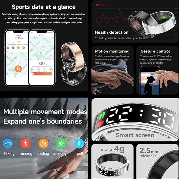 Smart Ring Health Tracker, Wearable Sleep Heart Rate Step Blood Oxygen Tracker, IP68 Waterproof Smart Ring with LED Screen to Track All Your Important Health Indicators
