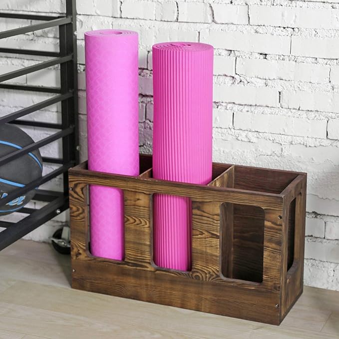 MyGift Wall Mounted Vintage Gray Solid Wood Yoga Mat Holder Fitness Gym Foam Roller Storage Organizer, Floor Standing Sports Exercise Mat Rack