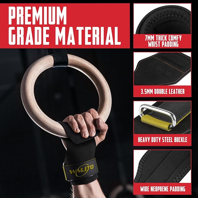 WALITO Weight Lifting Wrist Straps (Pair),Double Layer Leather Grips for Deadlift,Powerlifting and Gym Workouts, Adjustable Neoprene Padded Wrist Wraps - Men/Women, Heavy Duty Support