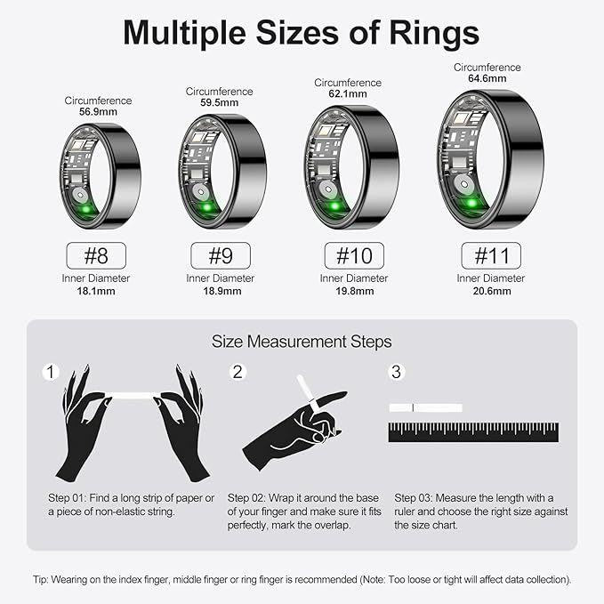 Temdan Smart Ring (Upgraded), Wearable Fitness Smart Ring Health Tracker, Sleep Quality & Heart Rate & Blood Oxygen Monitoring, IP68 Waterproof, No Subscription Fees, Smart Ring, Black, Size 8