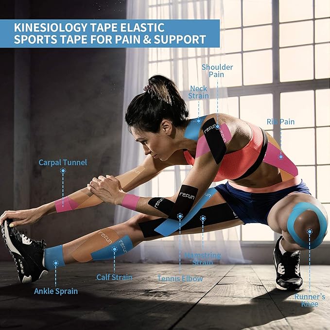 REFUN Kinesiology Tape Precut (4 Rolls Pack), Elastic Therapeutic Sports Tape for Knee Shoulder and Elbow, Pain Relief, Waterproof, Latex Free, 2" x 16.5 feet Per Roll, 20 Precut 10 Inch Strips Beige