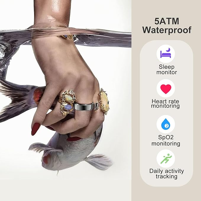 Smart Ring Health Tracker, Men's Smart Ring, Women's Fitness Ring, Heart Rate, Blood Oxygen, Sleep Monitor, Pedometer with APP, 5ATM Waterproof, Compatible with iso and Android (Rose Gold, 12#)