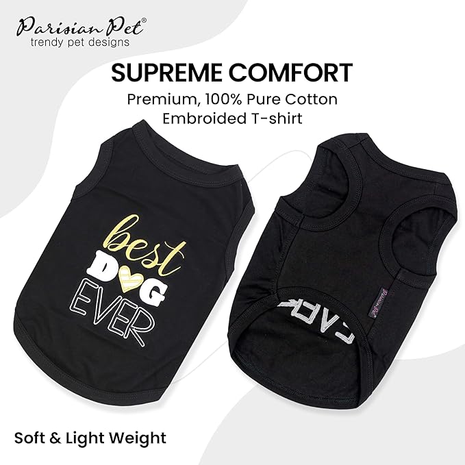 Parisian Pet Dog Tshirt - Embroidered “ Best Dog Ever “ Tank Top - Pure Cotton and Lightweight Pet Vest - Sleeveless Black Tee Shirts - Machine Washable Shirt for Large Dogs - 3XL