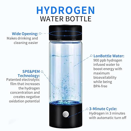 Hydrogen Water Bottle, Portable Hydrogen Water Ionizer Machine, Hydrogen Water Generator, Rechargeable Hydrogen Rich Water Glass Health Cup for Home Travel (Black)