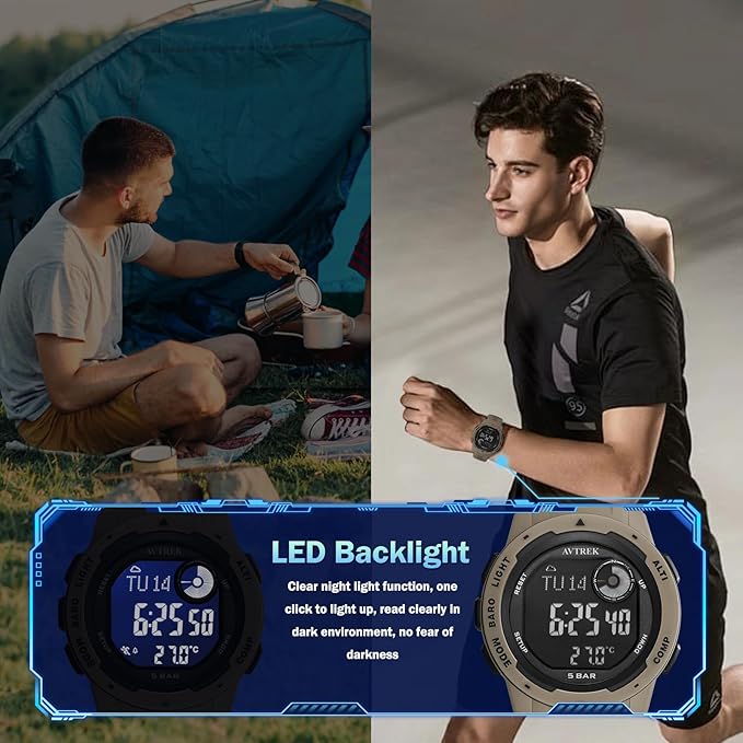 Tactical Watch with Compass,50M Waterproof Pedometer, Digital Altimeter Watch for Outdoor Hiking/Climbing(Cafe)