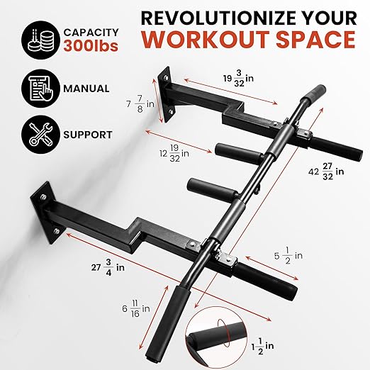 Yes4All Multi-Grip Wall Mount Pull-Up Bar 16 & 24" Reversible