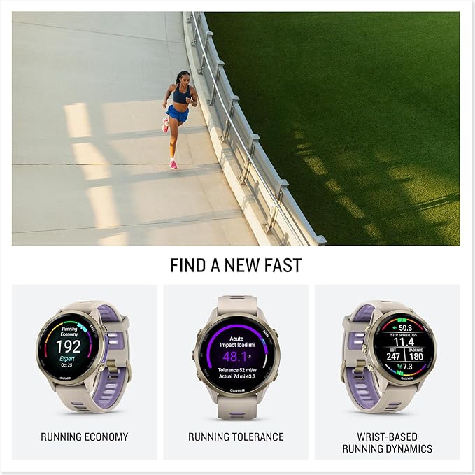 Garmin® Forerunner® 970, Premium GPS Running and Triathlon Smartwatch, AMOLED Display, Built-in LED Flashlight, Soft Gold Titanium with French Gray Case and French Gray/Translucent Indigo Band
