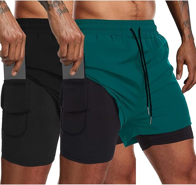 COOFANDY Men's 2 Pack Running Shorts 2 in 1 Workout Shorts Quick Dry Gym Training Athletic Jogger with Phone Pockets