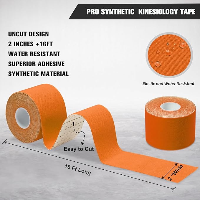 Pro Synthetic Kinesiology Tape 2 Rolls, Athletic Sports Tape for Muscle Joint Support, Pain Relief for Knee Elbow Wrist Ankle, 2 in x 16.4 Ft, Orange