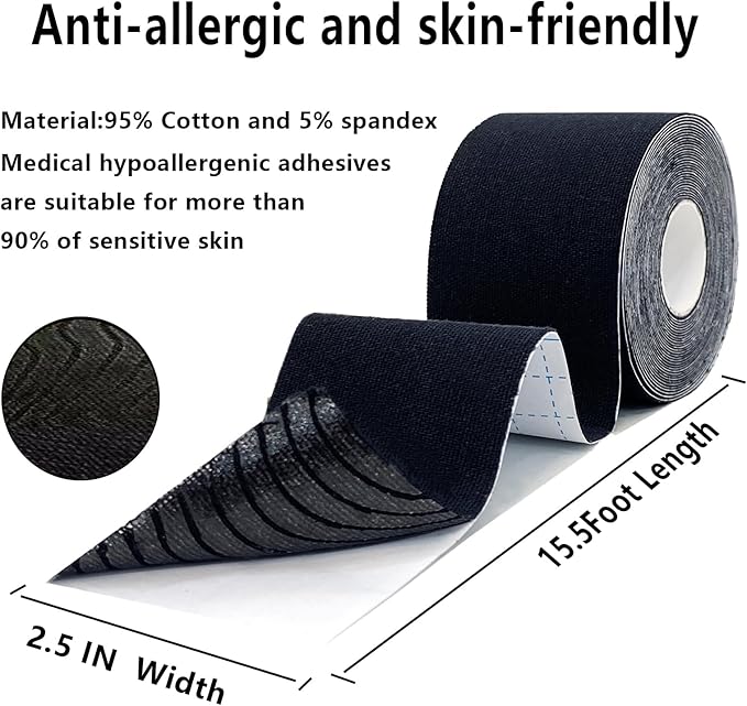 Kinesiology Tape Pro 1/2/5 Rolls, 2 Inch High Elasticity Sports Tape Therapeutic Pain Relief–Physio Tape for Muscle Recovery & Joint Support, Waterproof & Hypoallergenic & Breathable–Black
