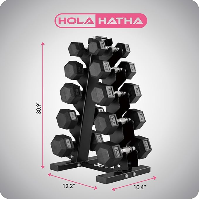 HolaHatha Hexagonal Dumbbell Free Hand Weight Set w/Rack