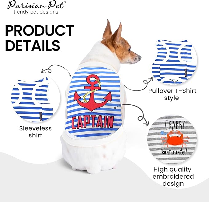 Parisian Pet Unisex Dog Tshirt - Embroidered “ Captain “ Dog Shirt - Breathable and Lightweight Tank Top - Machine Washable Tee Shirts for Large Dogs - XL