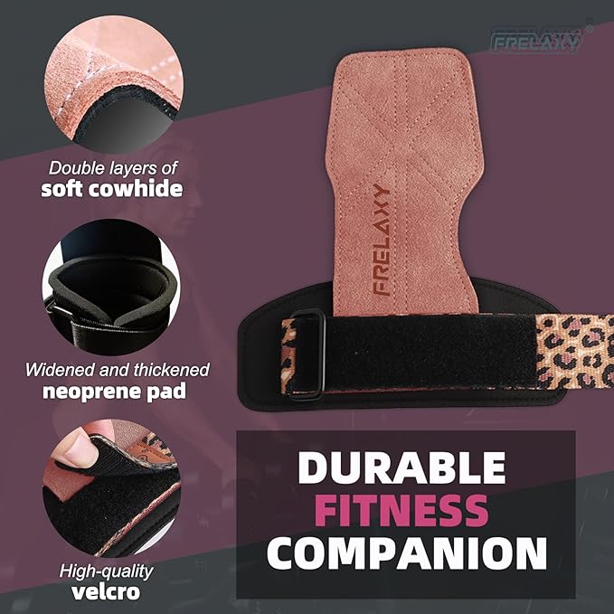 Frelaxy Lifting Wrist Straps Women and Men, Weight Lifting Grips with Cushion Wrist Loop, Double Layer Leather and Storage Pouch, Gym Workout Straps for Deadlift and Powerlifting