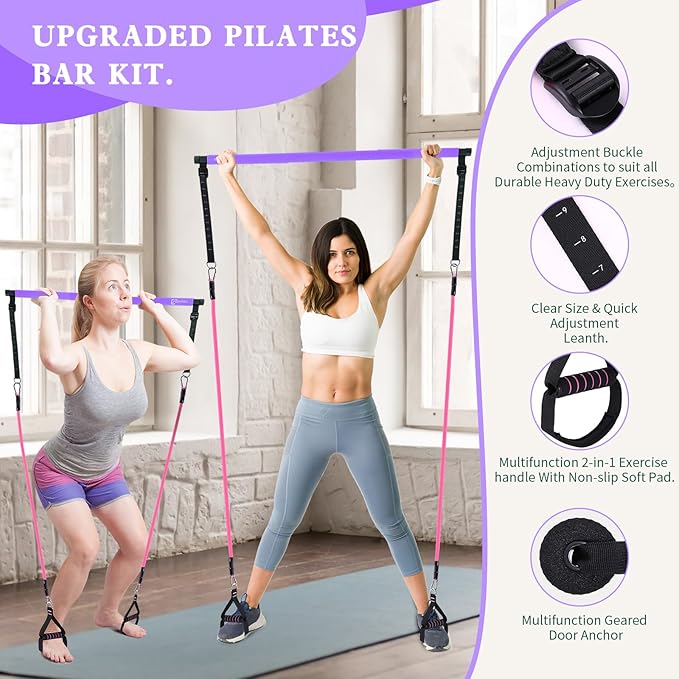 Pilates Bar Kit with Resistance Bands,Pilates Bar with Stackable Bands Workout Equipment for Legs,Hip,Waist and Arm,Exercise Fitness Equipment for Women & Men Home Gym Yoga Pilates