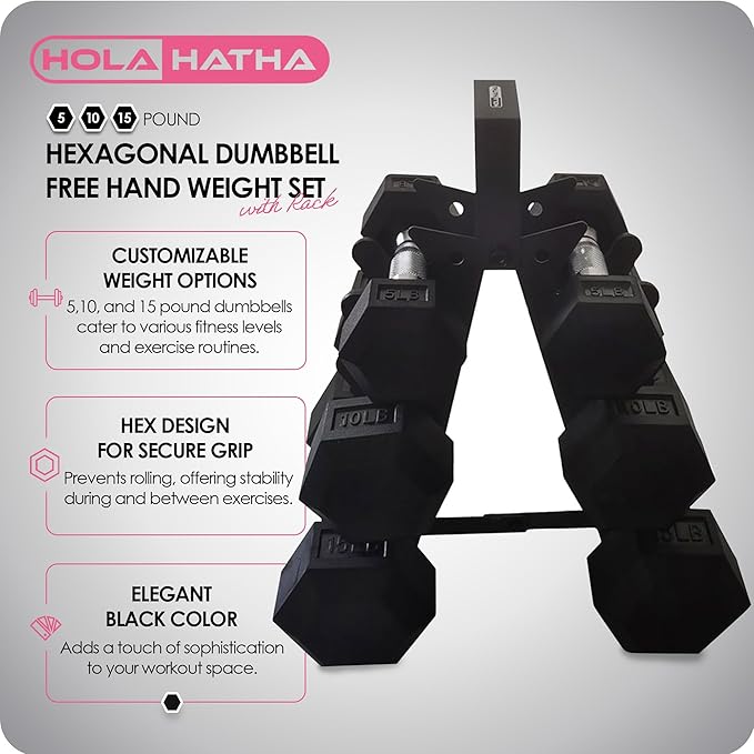 HolaHatha Hexagonal Dumbbell Free Hand Weight Set w/Rack
