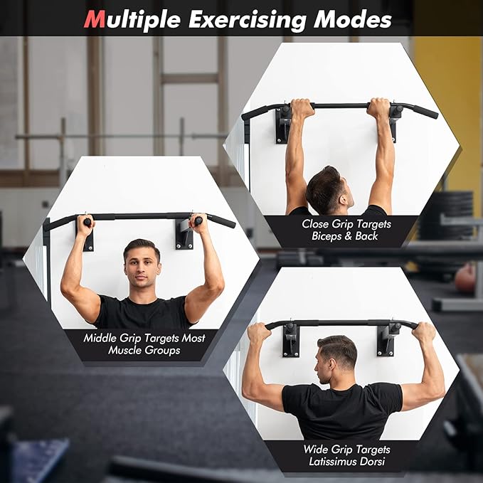 Goplus Wall Mounted Pull Up Bar 3 Grip 440 LBS