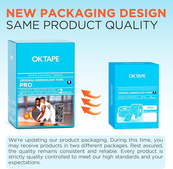 OK TAPE PRO Kinesiology Tape, 2inch x Long Roll 16ft Free Cut Tape, Elastic Athletic Tape Therapeutic Latex Free, 2 Rolls Black+White