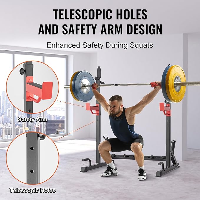 VEVOR Squat Stand - Multi-Functional Power Rack with Pull Up Bar, Hook, and Weight Plate Storage Attachment, Adjustable Power Rack Cage for Home Gym Equipment