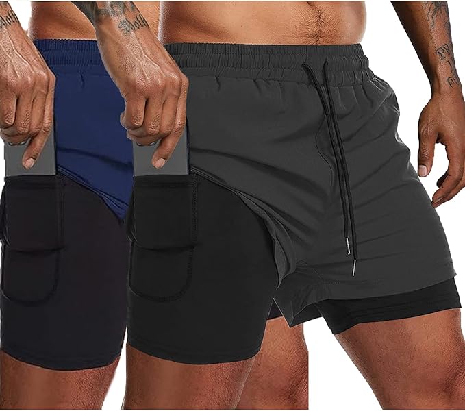 COOFANDY Men's 2 Pack Running Shorts 2 in 1 Workout Shorts Quick Dry Gym Training Athletic Jogger with Phone Pockets