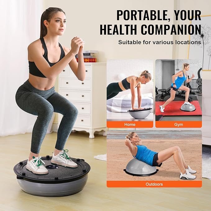 VEVOR Half Exercise Ball Trainer, 23/26 inch Balance Ball Trainer, 1500lbs Capacity Stability Ball, Yoga Ball with Resistance Bands & Foot Pump, Strength Fitness Ball for Home Gym Full Body Workout Black