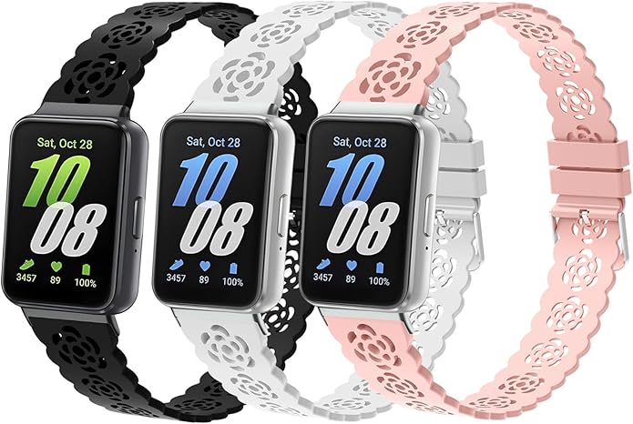 3 Pack Sport Bands Compatible with Samsung Galaxy Fit 3, Slim Lace Breathable Rose Hollowed-out & Leopard Engraved Silicone Replacement Straps Wristbands for Galaxy Fit3 SM-R390 Smart Watch Women Men