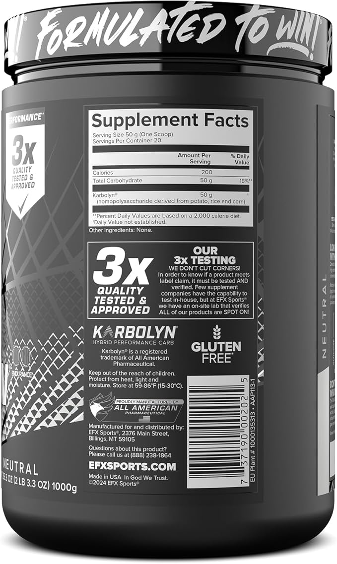 EFX Sports Karbolyn Fuel | Fast-Absorbing Carbohydrate Powder | Carb Load, Sustained Energy, Quick Recovery | Stimulant Free | 20 Servings (Neutral)