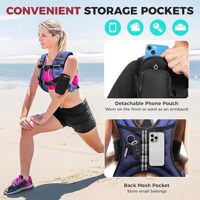 BAGAIL Weighted Vest, 5lbs/10lbs/12lbs/15lbs/20lbs/25lbs/30lbs Weight Vest with Detachable Phone Pouch, Rucking Vest for Women, Men, Walking, Weight Loss, Training, Running